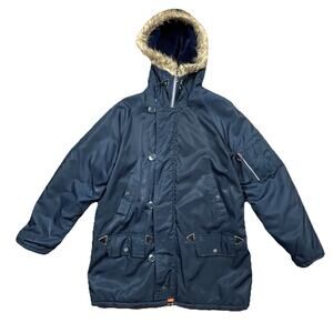 Vintage 70s JC Penney Snorkel Parka Blue Faux Fur Hood Korea Made Mens M